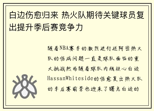 白边伤愈归来 热火队期待关键球员复出提升季后赛竞争力