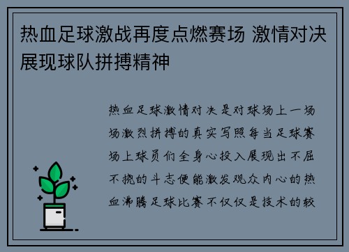 热血足球激战再度点燃赛场 激情对决展现球队拼搏精神